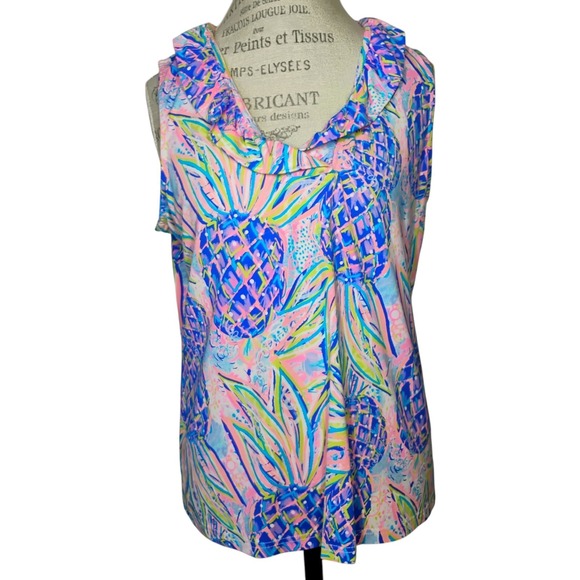 Anthonys Resort Wear Tops - Anthonys Resort Wear Top Womens Large Pineapple Sleeveless Ruffle Tropical Beach